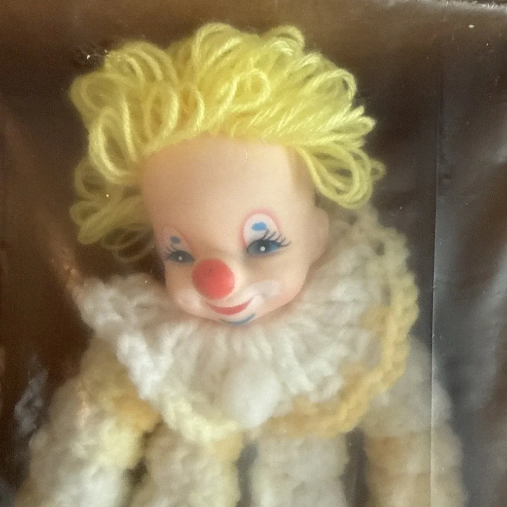 Vintage Handmade Spiral Crochet YOYO Clown Doll with Plastic Head Yellow New